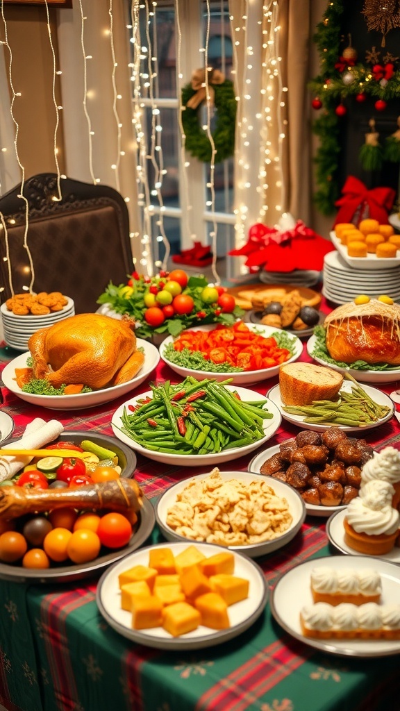 A festive Christmas dinner buffet with turkey, ham, sides, and desserts on a decorated table.